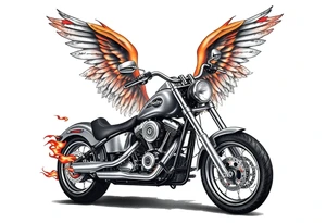 Harley grey motorcycle driving away, flames, angel wings tattoo idea