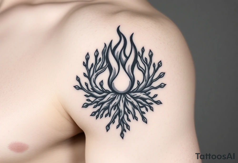 flame in a blooming roots circle tattoo idea