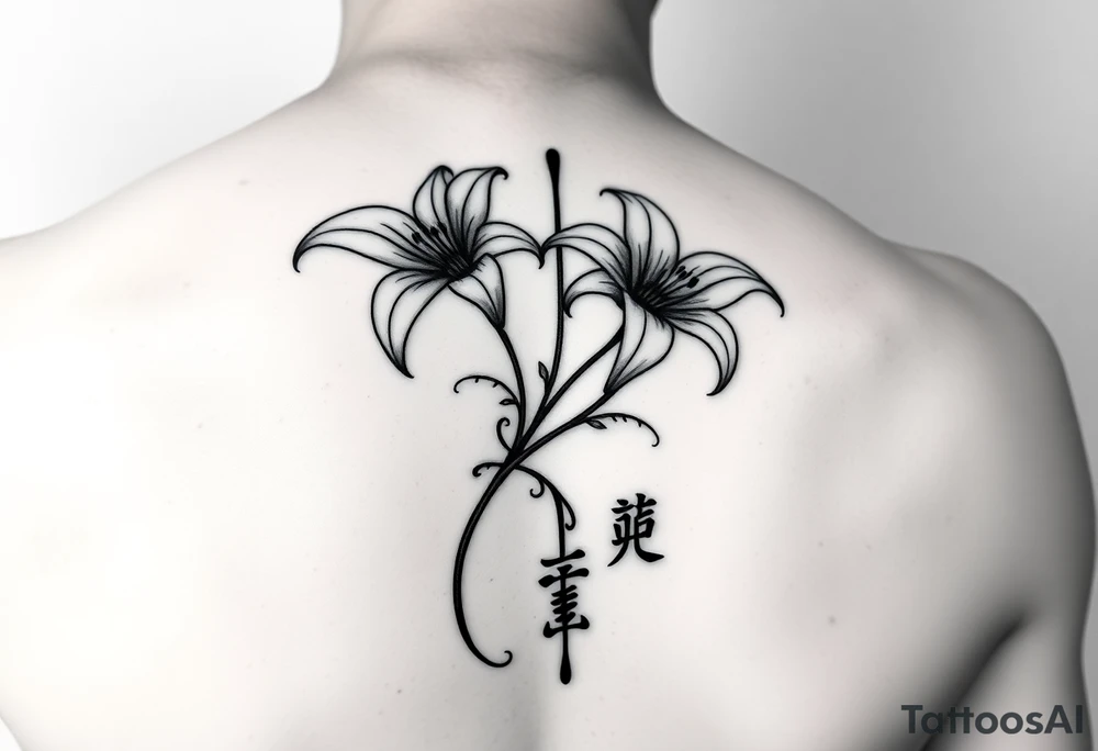 On the shoulder I want 3 spider Lillies flowers that are flown look royal think and long and at the end of the stem I want it to curl up and then at the bottom I want their to be a symbol in Chinese that means love tattoo idea