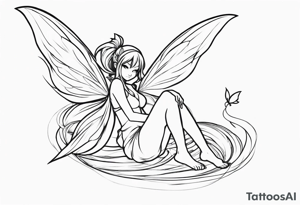 No color sketch of a fairy with a tail inspired by the guild symbol in the anime show called Fairy Tail in a fetal position leaning forward while crawled in and her body is an angle while floating in the air with big wings tattoo idea