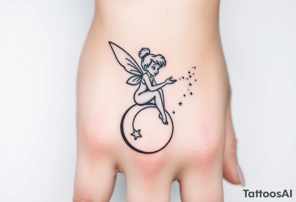 Tinkerbell sitting on a crest moon thrown pixie dust tattoo idea