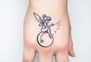 Tinkerbell sitting on a crest moon thrown pixie dust tattoo idea