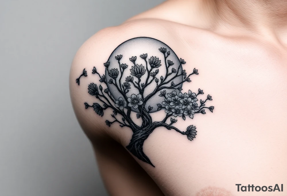 faded sun surrounding by clouds, big tree  blooming with flowers tattoo idea