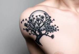 faded sun surrounding by clouds, big tree  blooming with flowers tattoo idea