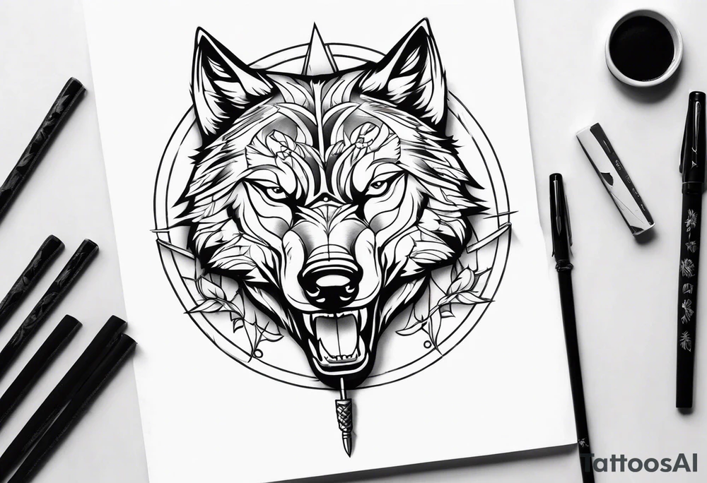 wolf head with katana in mouth tattoo idea