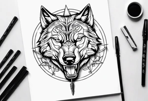 wolf head with katana in mouth tattoo idea