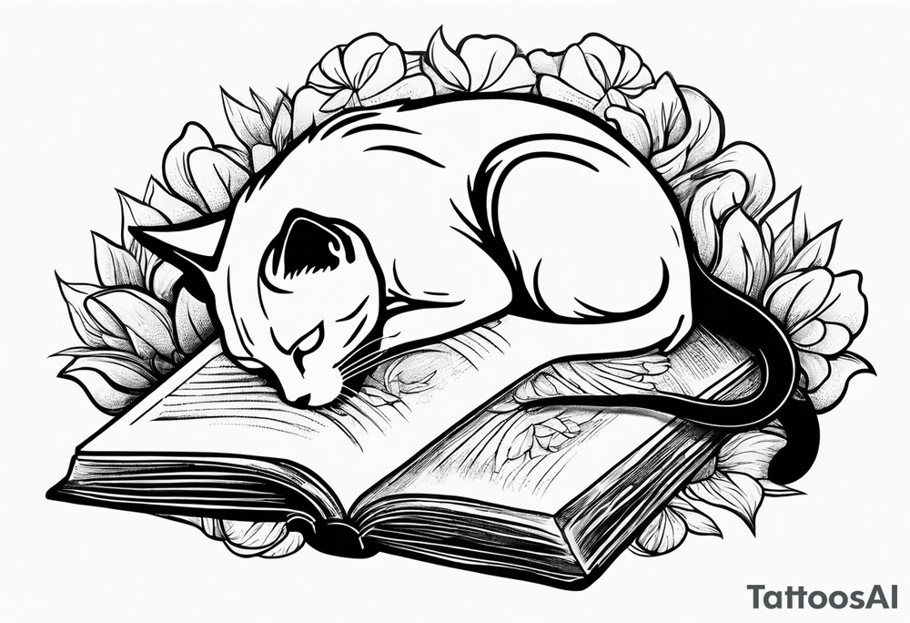 black sillhouette cat sleeping with a book sleeve tattoo tattoo idea