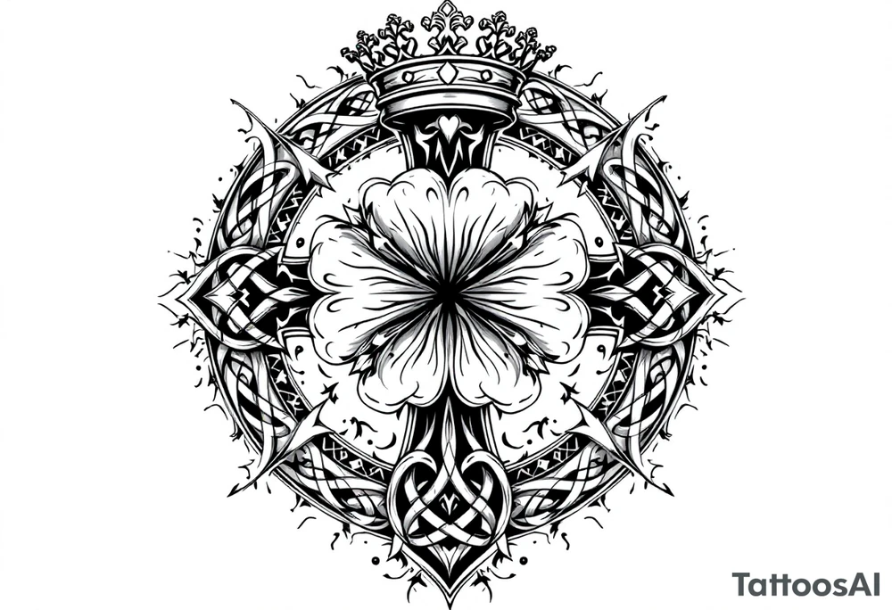 detailed irish celtic cross with a four leaf clover being surrounded by other celtic elements and a crown above the cross tattoo idea