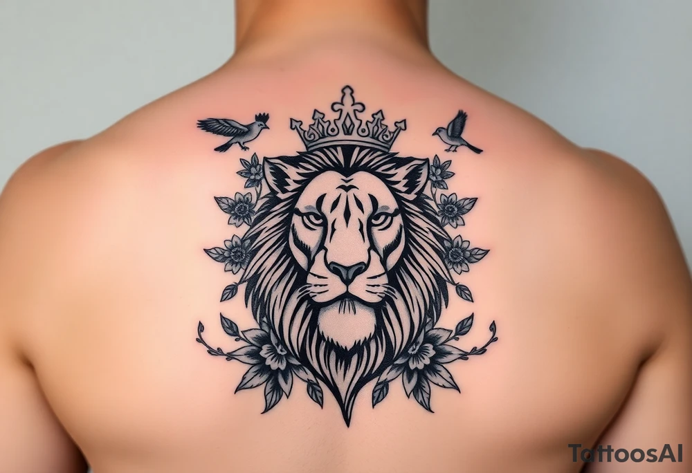 powerful majestic lion with a crown, surrounded by floral ornaments and birds tattoo idea