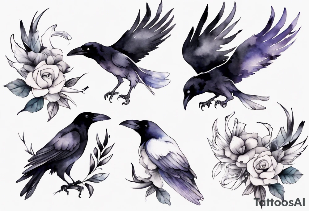 raven with a white ribbon bracelet tattoo idea