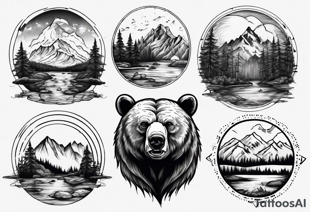 Bear with mountains, forest, rivers etc inside of it tattoo idea