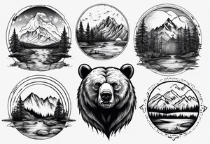 Bear with mountains, forest, rivers etc inside of it tattoo idea