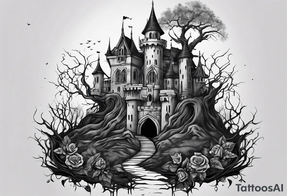 tattoo fool sleeve, destroyed dark gothic castle, tree roots break out of the chains, roses tattoo idea