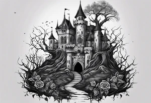 tattoo fool sleeve, destroyed dark gothic castle, tree roots break out of the chains, roses tattoo idea