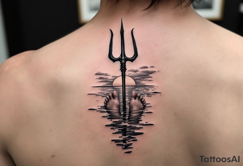barefeet behind trident half way under water and sunset tattoo idea