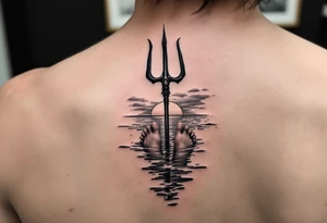 barefeet behind trident half way under water and sunset tattoo idea