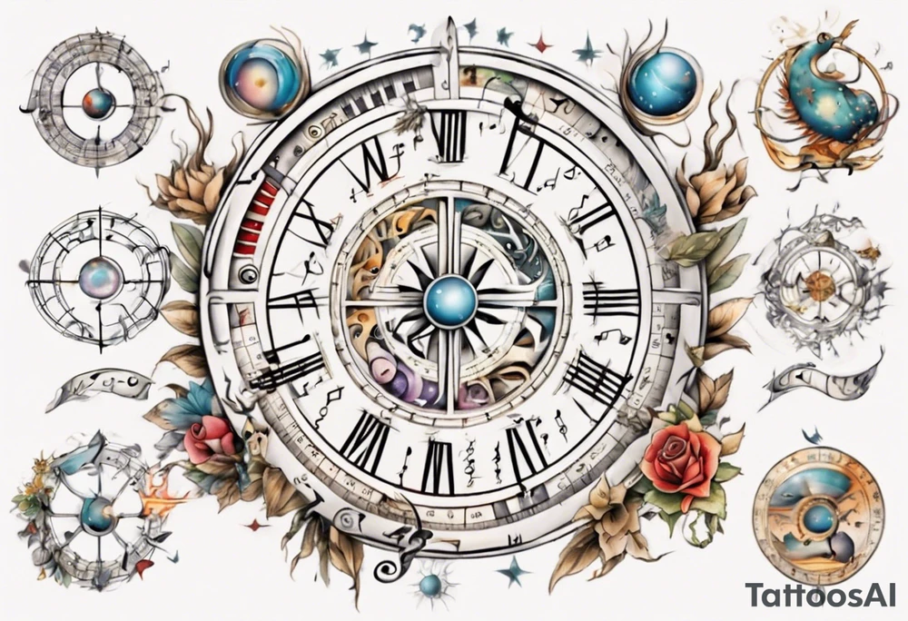 A zodiac wheel with music notes instead of astrology signs tattoo idea