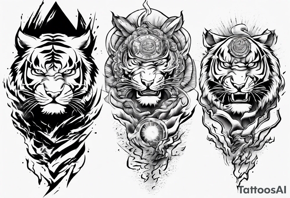 Tiger warrior with lightning and the sun for a forearm sleeve tattoo idea