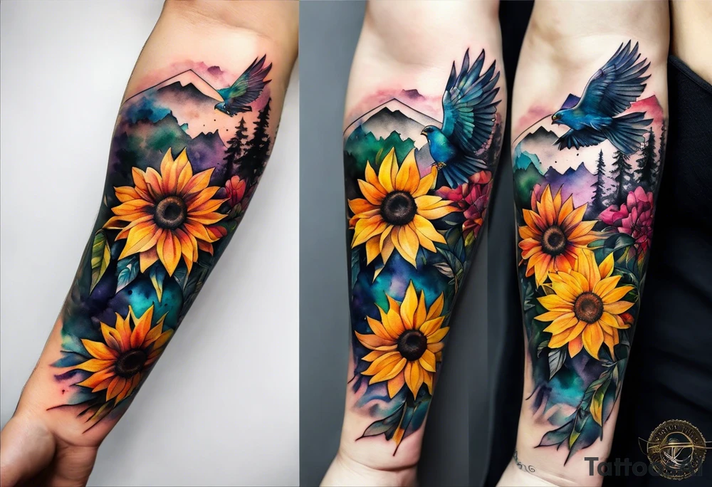 Watercolor forearm tattoo, 4 inches. Black kite (Daya's name), nature (trees/flowers), rock/metal vibe (bold lines), sunflower. Bright colors! tattoo idea