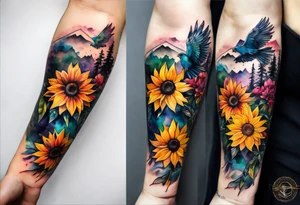 Watercolor forearm tattoo, 4 inches. Black kite (Daya's name), nature (trees/flowers), rock/metal vibe (bold lines), sunflower. Bright colors! tattoo idea