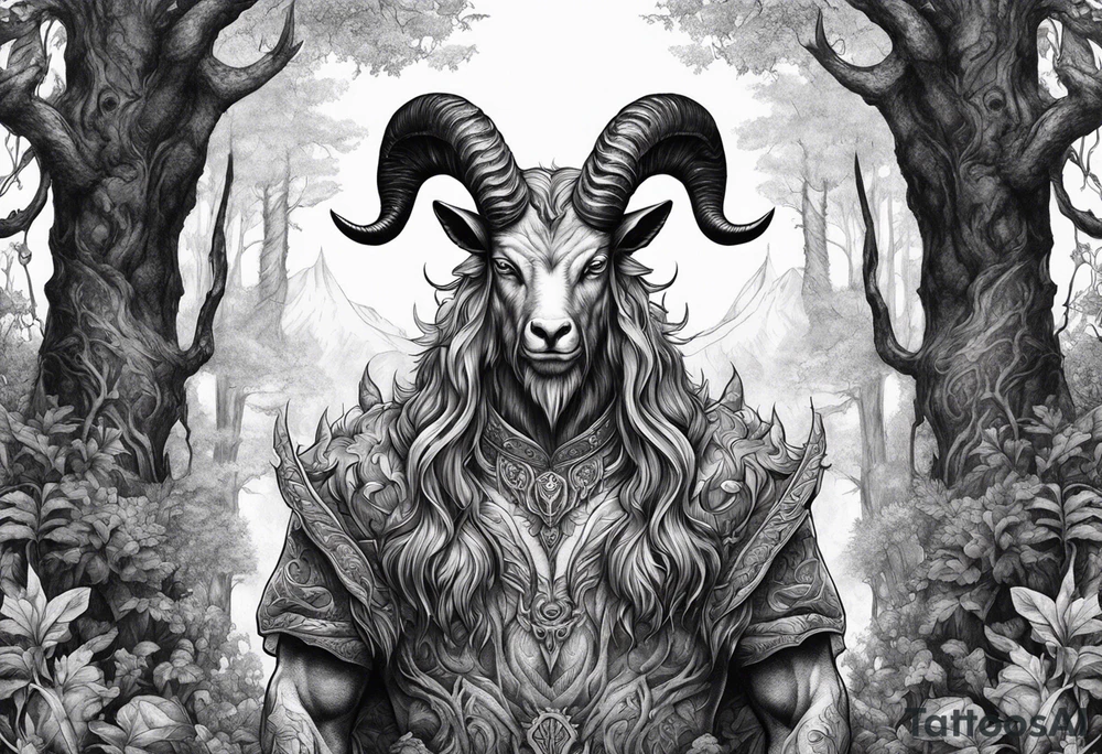 Devil with goat horns (full body) in a forest tattoo idea Devil with goat horns (full body) in a forest tattoo idea