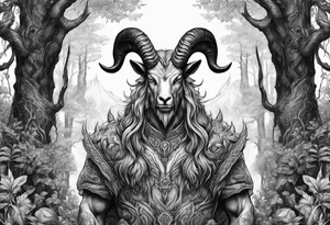Devil with goat horns (full body) in a forest tattoo idea