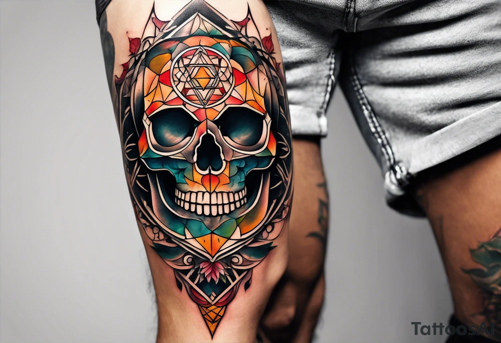 knee tattoo with sacred geometry, skull, swirls & washes in background in fall colors tattoo idea