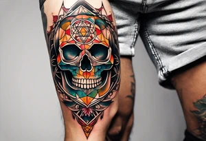 knee tattoo with sacred geometry, skull, swirls & washes in background in fall colors tattoo idea