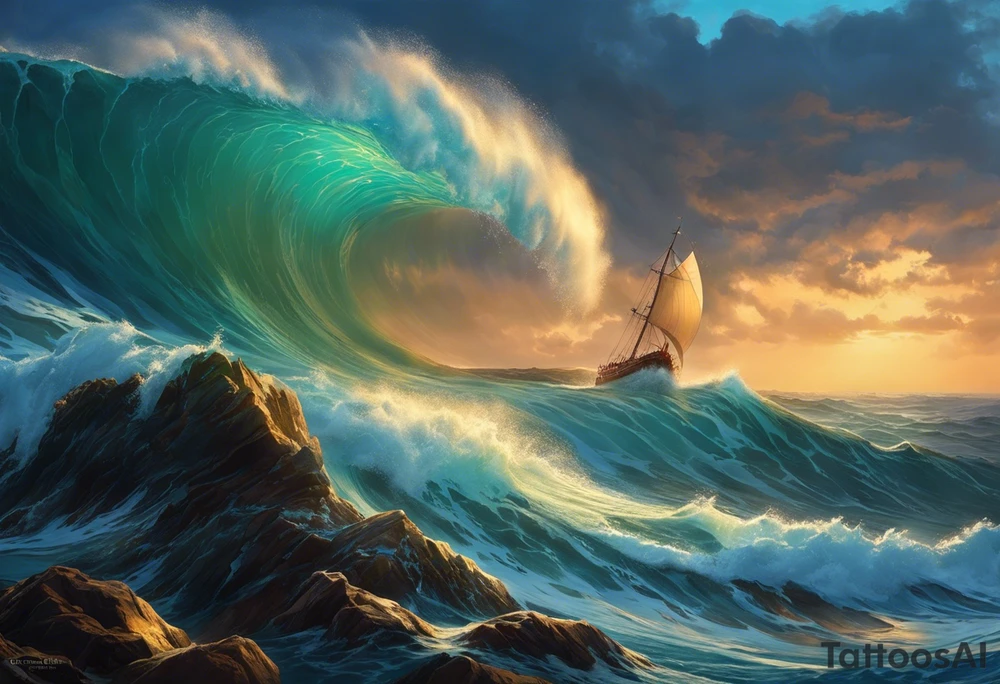 Quiero en todo el brazo derecho lo siguiente:

Será un constrante de mar caótico y tranquilo

En la parte del hombro a poseidon con unas olas de mar caotico y un barco con problemas por las olas

En la parte del antebrazo un buceador con una ballena o tiburon en un arrecife de coral, en un mar muy tranquilo tattoo idea