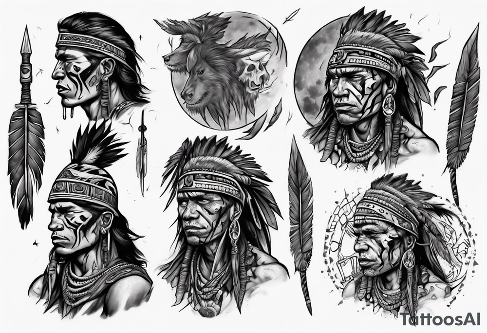 a heartbroken, tired, tribal warrior seeking peace after fighting for decades under the moonlight dark aesthetic tattoo idea