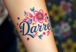 neon colors, 1 inch font, "Darrell" with lots of whimsical background, add lots of flowers, more background flowers of different colors, sizes and shapes tattoo idea