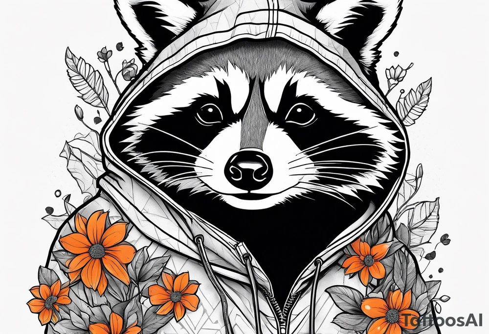 raccoon wearing a Superman hoodie with orange flowers tattoo idea