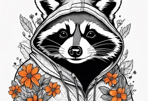 raccoon wearing a Superman hoodie with orange flowers tattoo idea