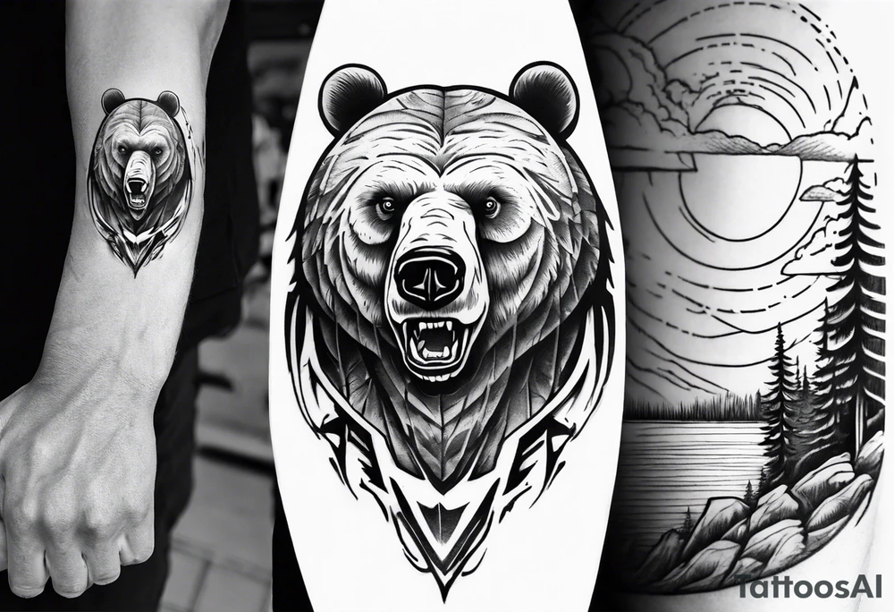 bear head right above the forest line with a lake below, full arm sleeve tattoo tattoo idea