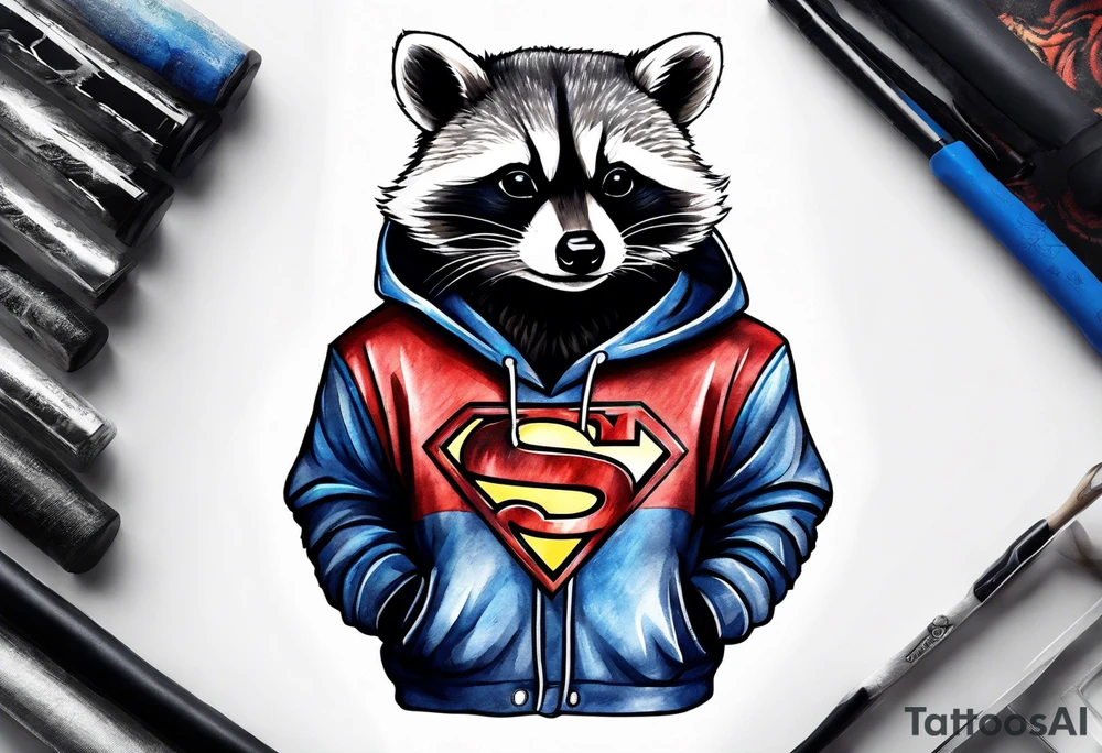 raccoon wearing a Superman hoodie tattoo idea
