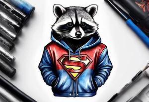 raccoon wearing a Superman hoodie tattoo idea