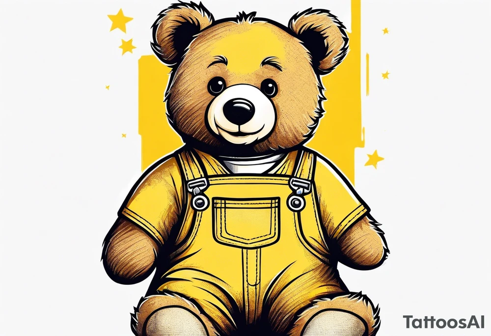 the back of a standing brown 
teddy bear in yellow overalls tattoo idea