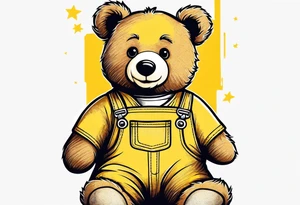 the back of a standing brown 
teddy bear in yellow overalls tattoo idea