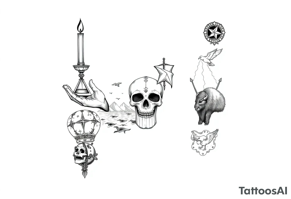 make a seamless sleeve design for a left arm from top of shoulder to wrist in fine line art that includes the images: candlestick, triangle, open hands, light, crown, a path, jacob wrestling with God, skull, ocean, bison, shepherd crook, dove, electricity, ship on the sea tattoo idea