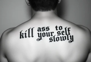 Bad ass old English lettering that says  “kill your self slowly” outline black and white tattoo idea