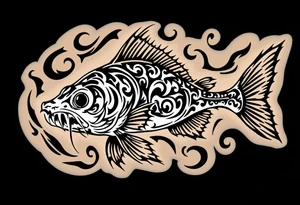 Tribal Catfish Design – A catfish rendered in bold black tribal lines, with symmetrical swirls and sharp angles representing movement and strength. tattoo idea