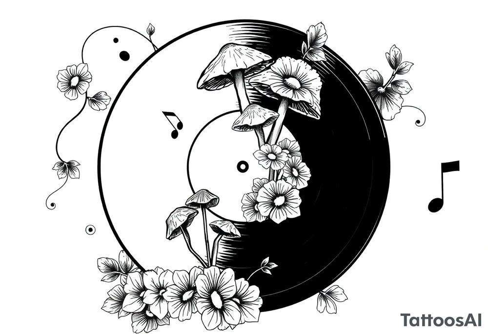 vinyl record with mushrooms, flowers, and music notes tattoo idea