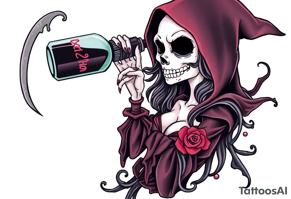 Sexy  xxx Female grim. Reaper and drinks her
 death poison bottle tattoo idea