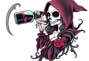 Sexy  xxx Female grim. Reaper and drinks her
 death poison bottle tattoo idea