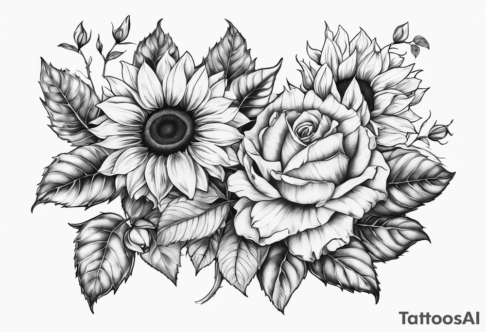 Sunflower and rose flower tattoo idea