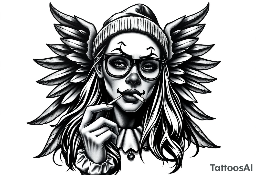 beautiful long hair pin up Clown face Girl payasa  thug beanie eyeglasses  angelic wings smoking a cigarette tattoo idea