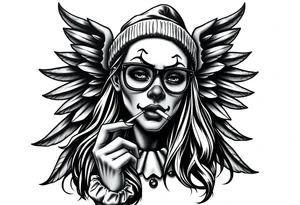 beautiful long hair pin up Clown face Girl payasa  thug beanie eyeglasses  angelic wings smoking a cigarette tattoo idea