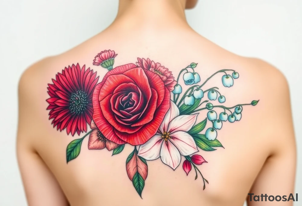 Bouquet of flowers with a garnet color Safire color aster, carnation, rose color rose, Lily of the valley, emerald color delphinium with stems Starting upper middle back to right shoulder tattoo idea