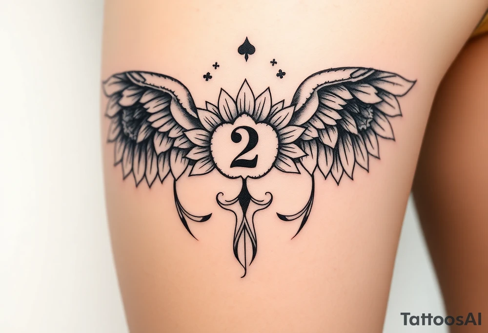 sunflower, wings, or halo with a 2 of clubs tattoo idea