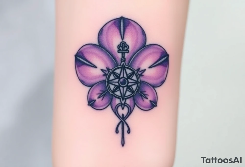 A single Violet with detailed compass at its center representing feminine power and an ankh or Celtic knot tattoo idea